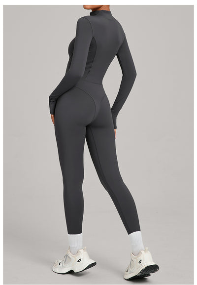 Autumn/Winter Fleece-Lined Outdoor Warm Yoga Fitness Bodysuit in gray back