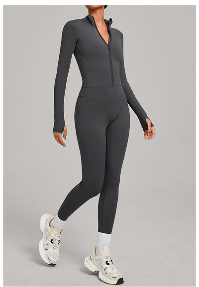 Autumn/Winter Fleece-Lined Outdoor Warm Yoga Fitness Bodysuit in gray side