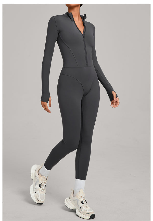 Autumn/Winter Fleece-Lined Outdoor Warm Yoga Fitness Bodysuit in gray side