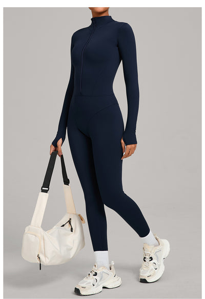 Autumn/Winter Fleece-Lined Outdoor Warm Yoga Fitness Bodysuit in navy side
