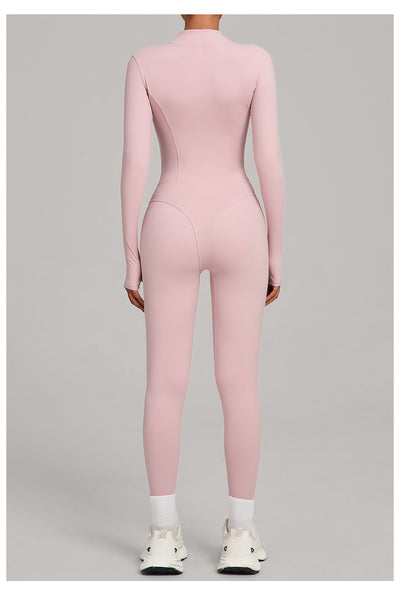 Autumn/Winter Fleece-Lined Outdoor Warm Yoga Fitness Bodysuit in pink back