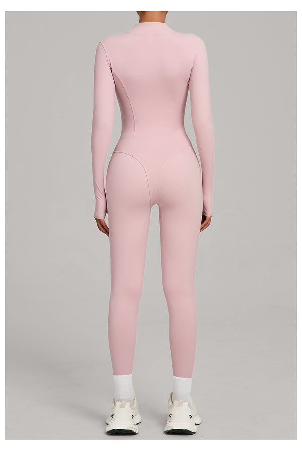 Autumn/Winter Fleece-Lined Outdoor Warm Yoga Fitness Bodysuit in pink back