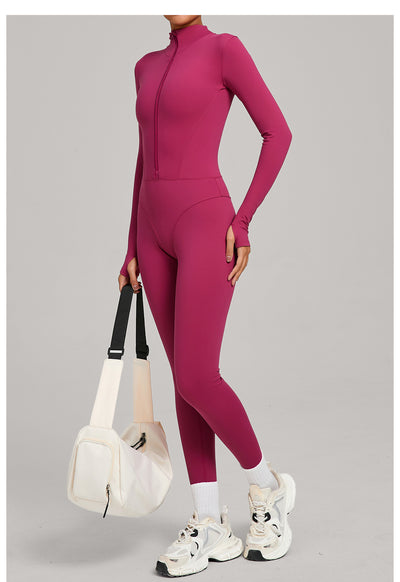 Autumn/Winter Fleece-Lined Outdoor Warm Yoga Fitness Bodysuit in rose red side