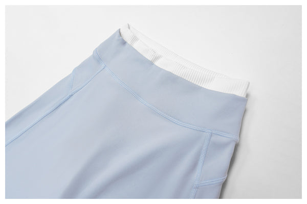 Contrast Color Fake Two-Piece Flared Yoga Pants for Women in blue ribbed design