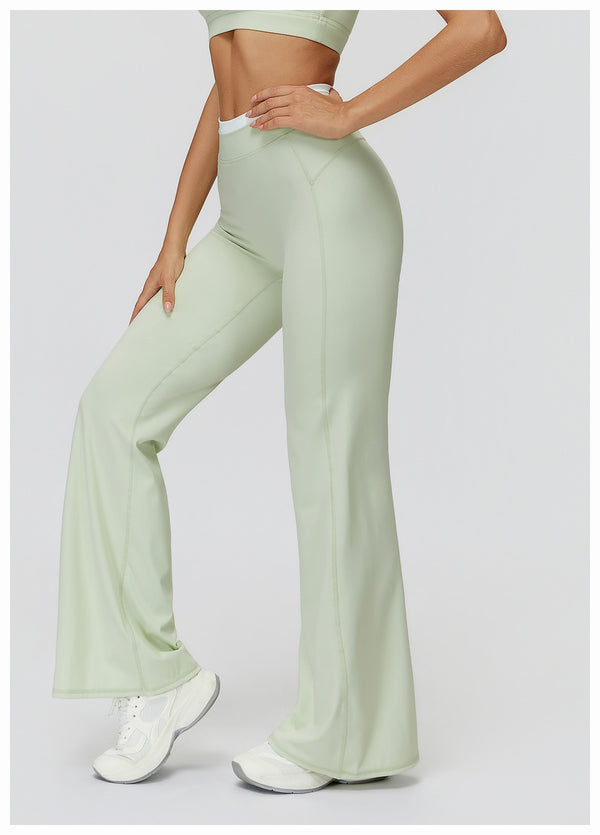 Contrast Color Fake Two-Piece Flared Yoga Pants for Women in green side