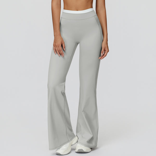 Contrast Color Fake Two-Piece Flared Yoga Pants for Women in grey