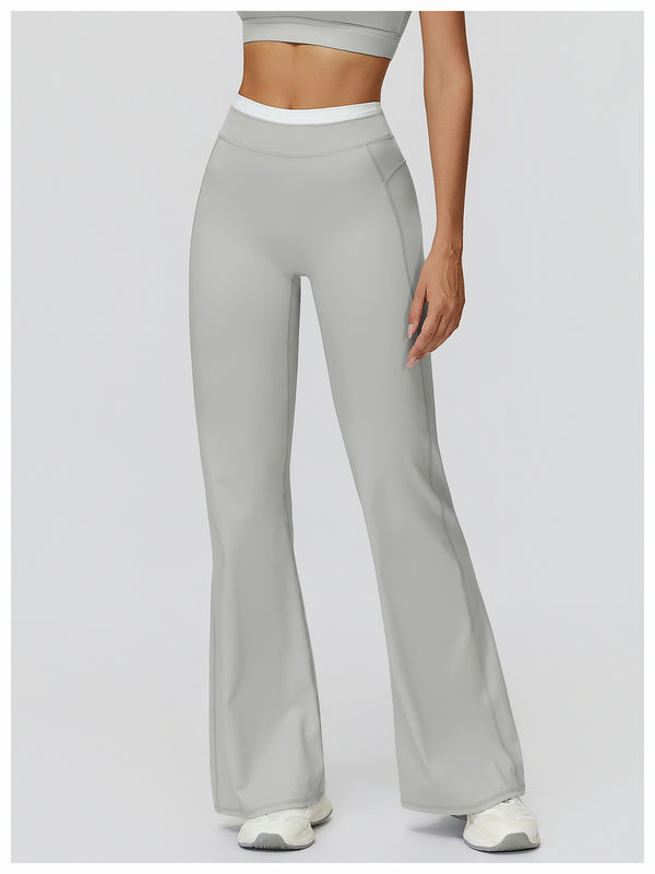 Contrast Color Fake Two-Piece Flared Yoga Pants for Women in grey front