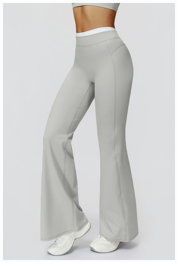 Contrast Color Fake Two-Piece Flared Yoga Pants for Women in grey side