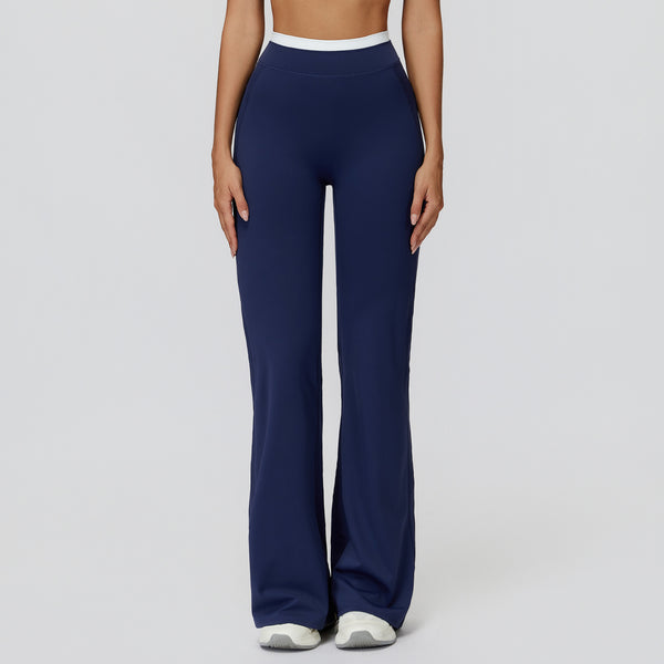 Contrast Color Fake Two-Piece Flared Yoga Pants for Women in navy