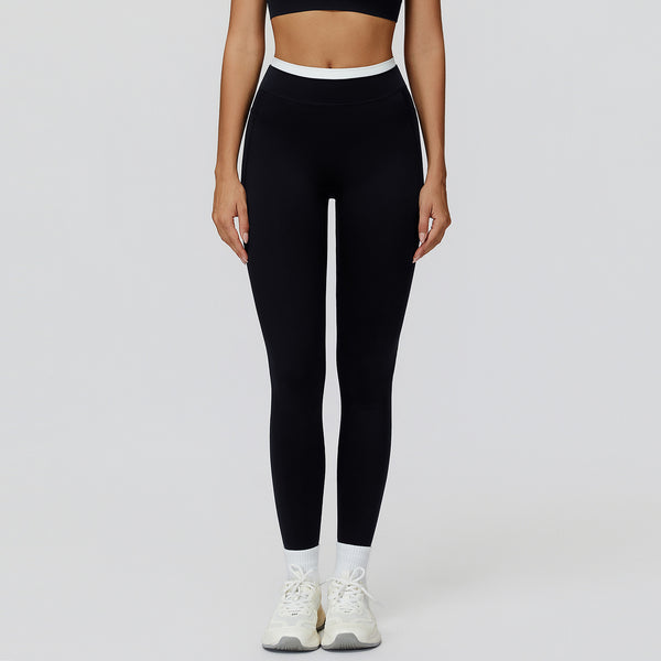 Ribbed Contrast Color Fake Two-Piece Leggings for Women in black