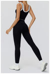 Ribbed Contrast Color Fake Two-Piece Leggings for Women in black set back