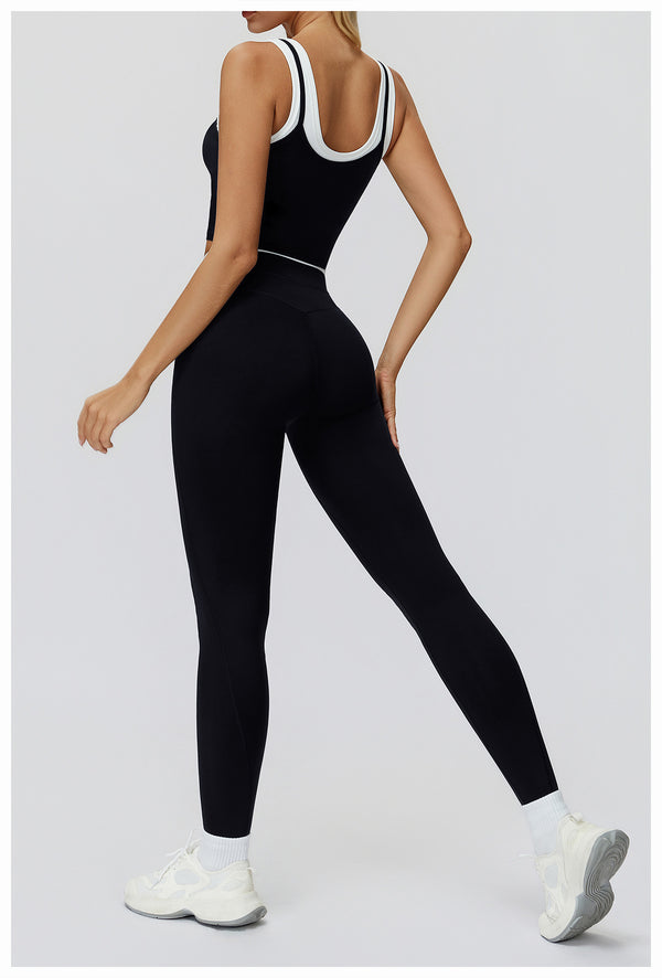 Ribbed Contrast Color Fake Two-Piece Leggings for Women in black set back