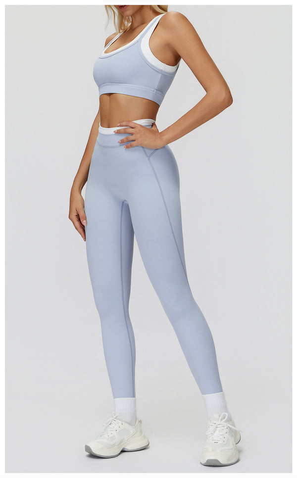 Ribbed Contrast Color Fake Two-Piece Leggings for Women in blue a set