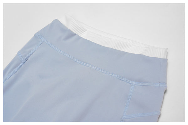 Ribbed Contrast Color Fake Two-Piece Leggings for Women in blue waist