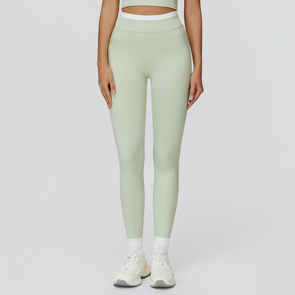 Ribbed Contrast Color Fake Two-Piece Leggings for Women in green