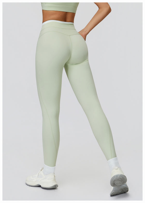 Ribbed Contrast Color Fake Two-Piece Leggings for Women in green back