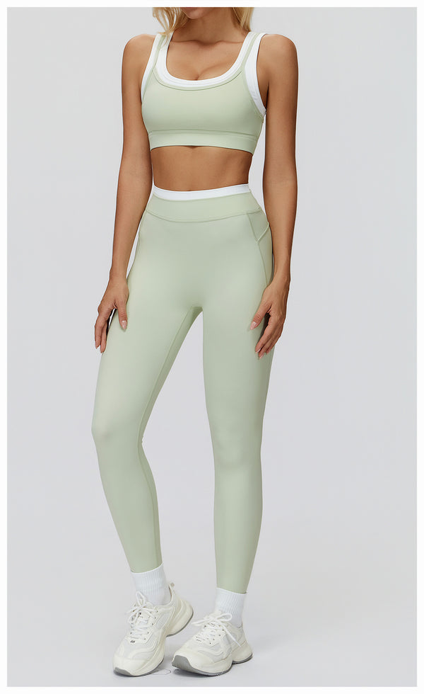 Ribbed Contrast Color Fake Two-Piece Leggings for Women in green set 