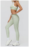 Ribbed Contrast Color Fake Two-Piece Leggings for Women in green set side