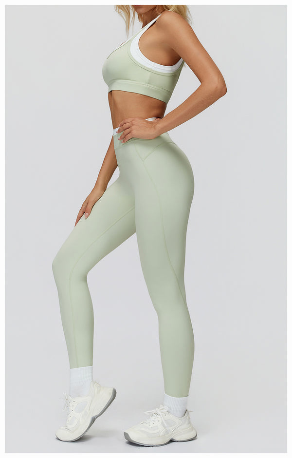 Ribbed Contrast Color Fake Two-Piece Leggings for Women in green set side