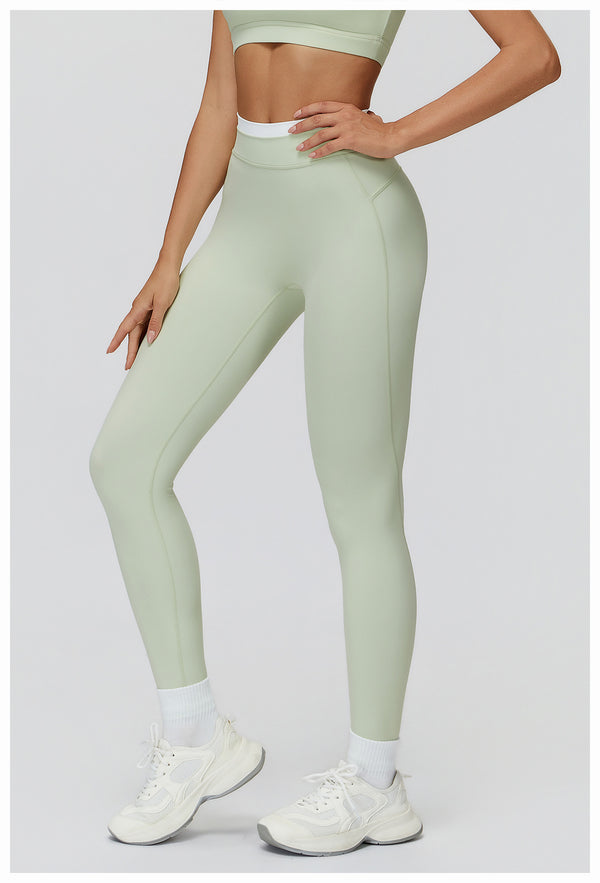 Ribbed Contrast Color Fake Two-Piece Leggings for Women in green side