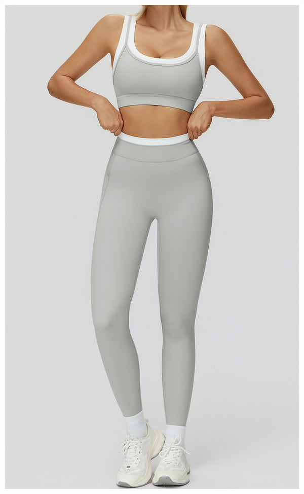 Ribbed Contrast Color Fake Two-Piece Leggings for Women in grey a set 