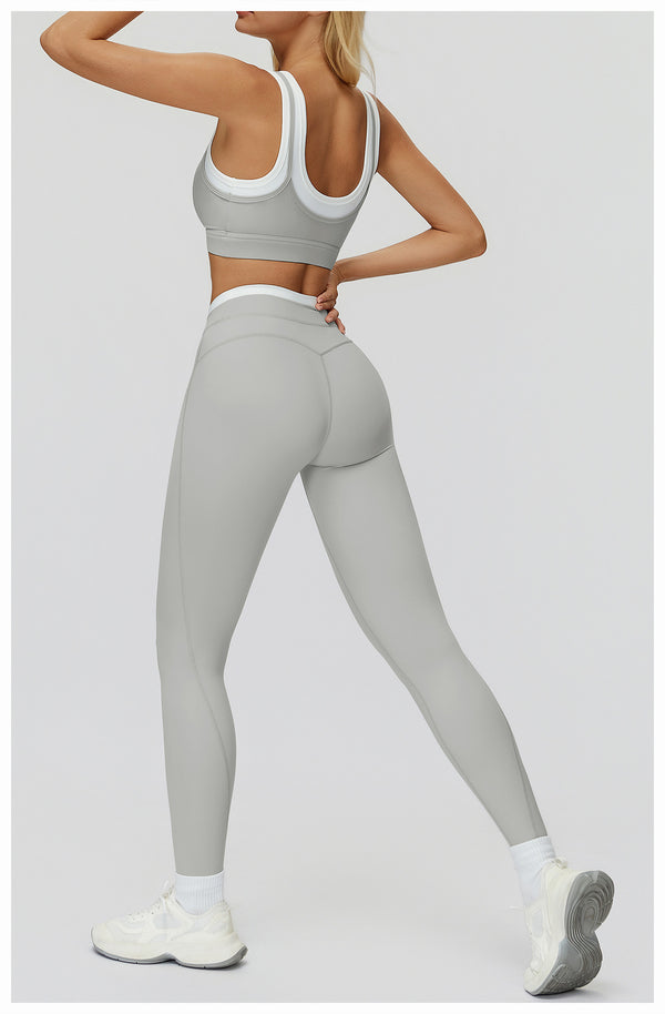 Ribbed Contrast Color Fake Two-Piece Leggings for Women in grey a set back