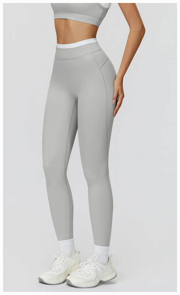 Ribbed Contrast Color Fake Two-Piece Leggings for Women in grey side