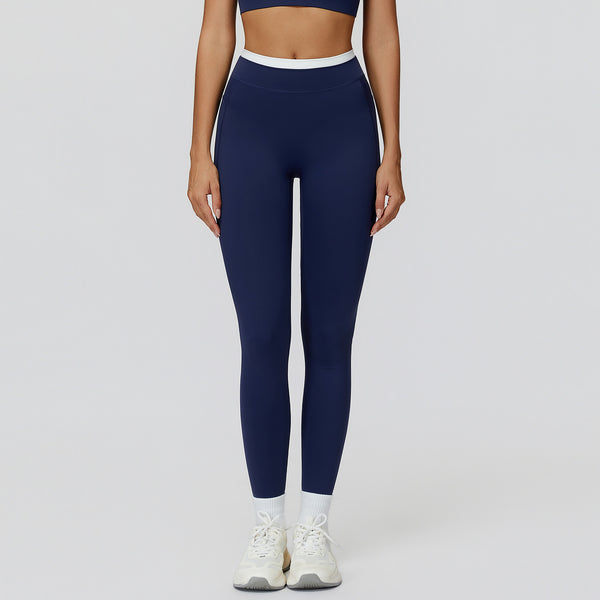 Ribbed Contrast Color Fake Two-Piece Leggings for Women in navy