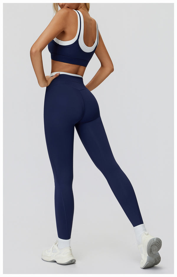 Ribbed Contrast Color Fake Two-Piece Leggings for Women in navy a set back