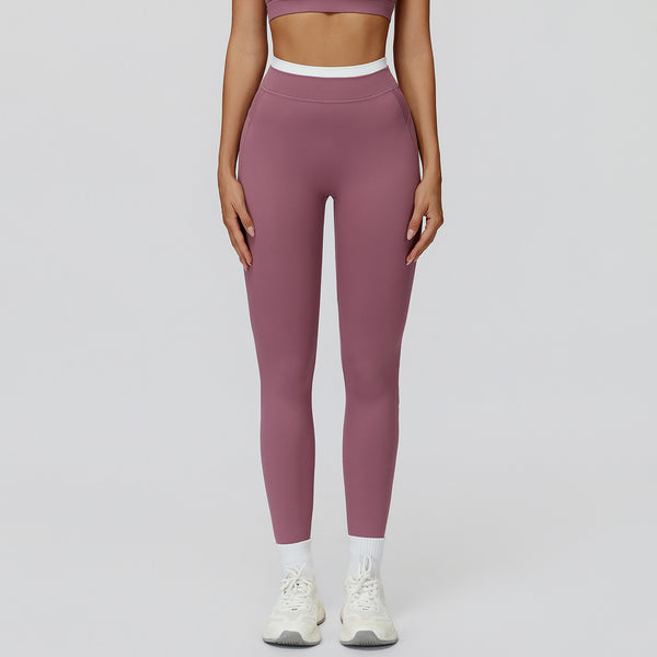 Ribbed Contrast Color Fake Two-Piece Leggings for Women in purple