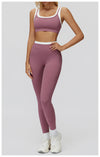Ribbed Contrast Color Fake Two-Piece Leggings for Women in purple a set