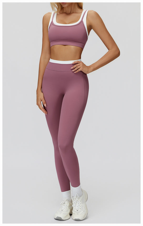 Ribbed Contrast Color Fake Two-Piece Leggings for Women in purple a set