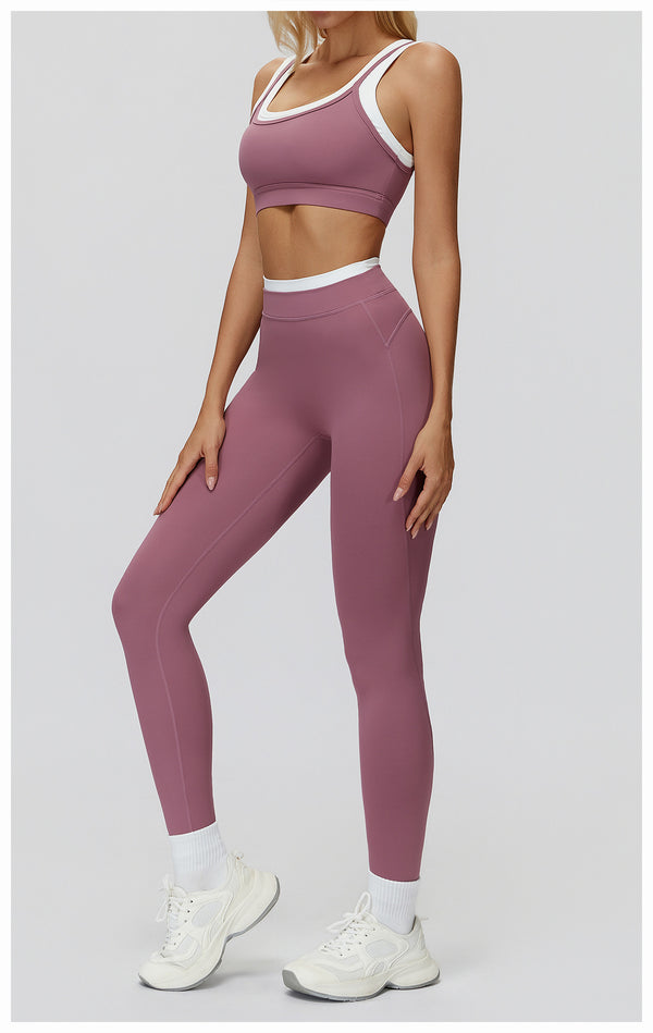 Ribbed Contrast Color Fake Two-Piece Leggings for Women in purple a set side