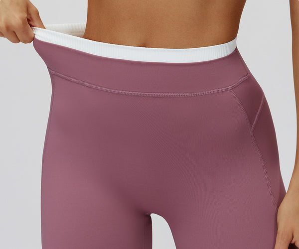 Ribbed Contrast Color Fake Two-Piece Leggings for Women in purple waist