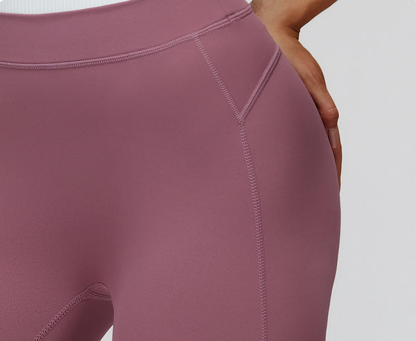 Ribbed Contrast Color Fake Two-Piece Leggings for Women in purple waist side