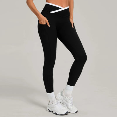 SPARK Color Block Cross Waist Yoga Leggings with Pockets TF28402