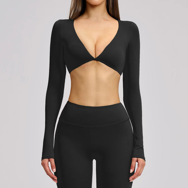 SPARK Casual Yoga Long Sleeve V-Neck Fashion Cropped Sport Top ZC4201