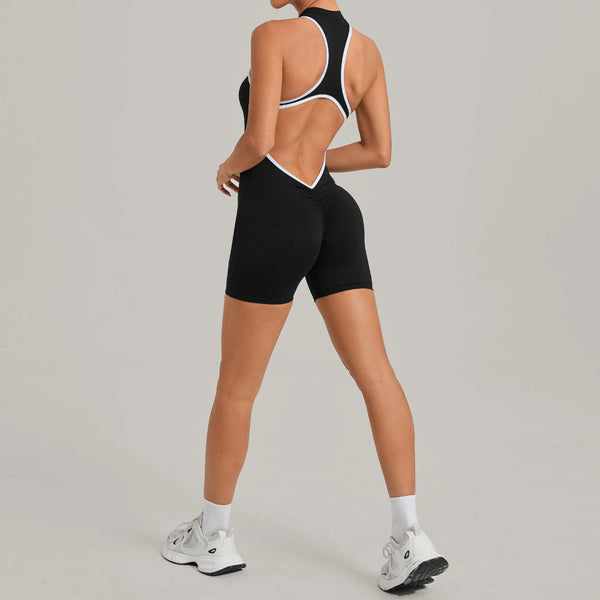 SPARK Color-Block Half Zipper Backless Yoga Short Jumpsuit TF2601