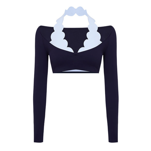 Spark Women's Brushed Lace Halter Neck Fake Two Piece Crop Top FNK8817