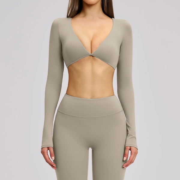 SPARK Casual Yoga Long Sleeve V-Neck Fashion Cropped Sport Top ZC4201