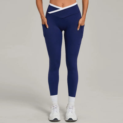 SPARK Color Block Cross Waist Yoga Leggings with Pockets TF28402