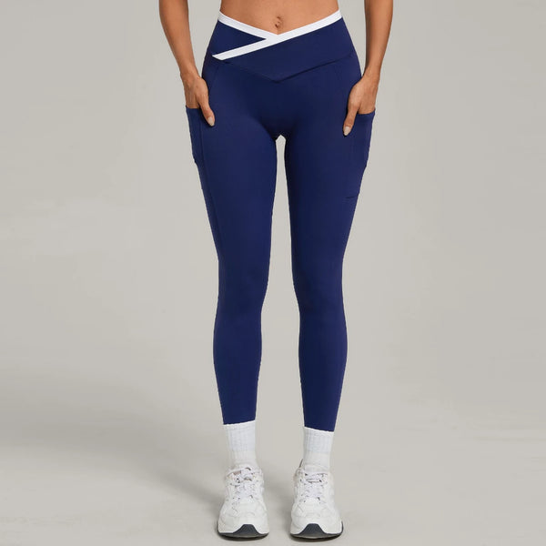 SPARK Color Block Cross Waist Yoga Leggings with Pockets TF28402