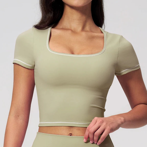 SPARK Contrast Color Square Neck Slim Yoga Workout Short Sleeve ZC2036