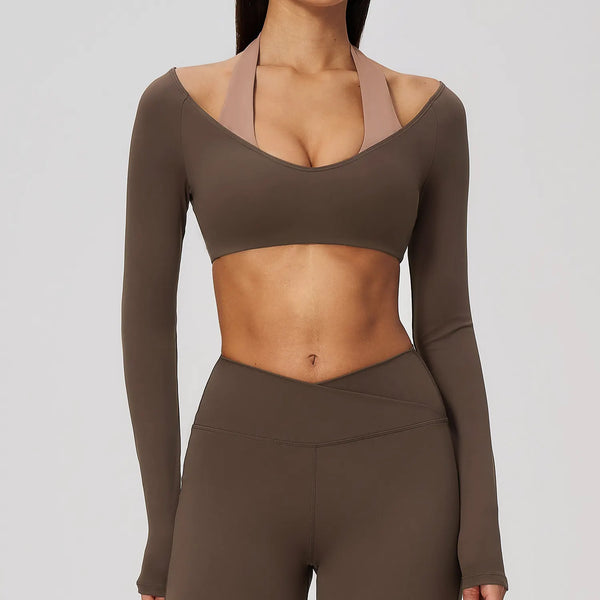 Spark Women's 2-in-1 Halter Long Sleeve Yoga Crop Top ZC2588
