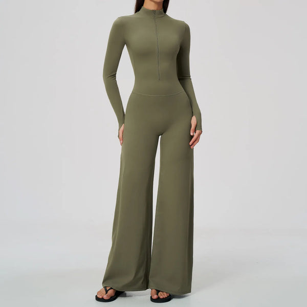 SPARK Women’s Half-Zip Long Sleeve Yoga Jumpsuit | Wide-Leg Workout One-Piece ZC5114