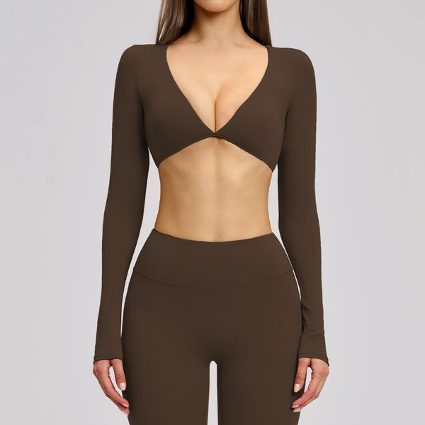 SPARK Casual Yoga Long Sleeve V-Neck Fashion Cropped Sport Top ZC4201