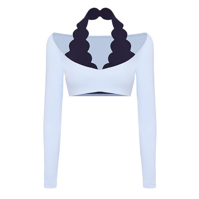 Spark Women's Brushed Lace Halter Neck Fake Two Piece Crop Top FNK8817