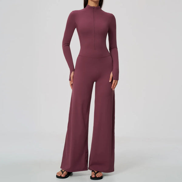 SPARK Women’s Half-Zip Long Sleeve Yoga Jumpsuit | Wide-Leg Workout One-Piece ZC5114