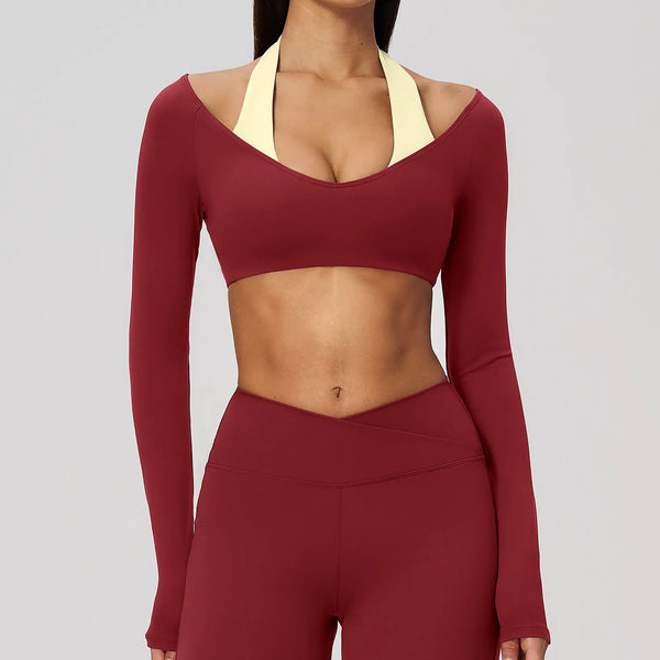 Spark Women's 2-in-1 Halter Long Sleeve Yoga Crop Top ZC2588