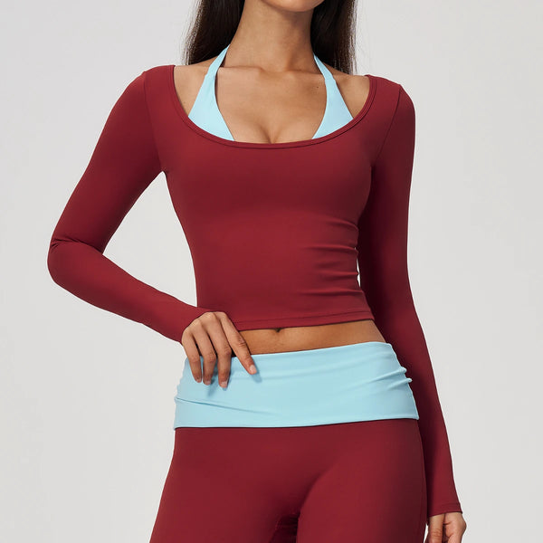 SPARK Women’s Color Block Halter Yoga Long Sleeve Top ZC2585